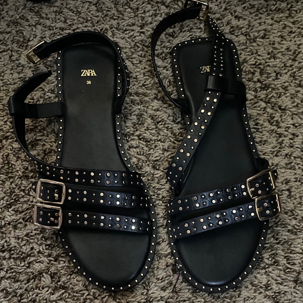 Zara Black Studded Leather Sandals